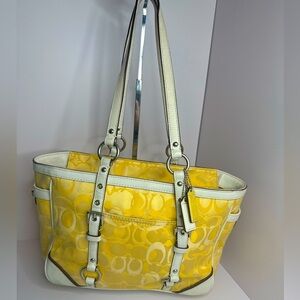 Coach Bleecker Preston Yellow Canvas & White Leather Tote Bag